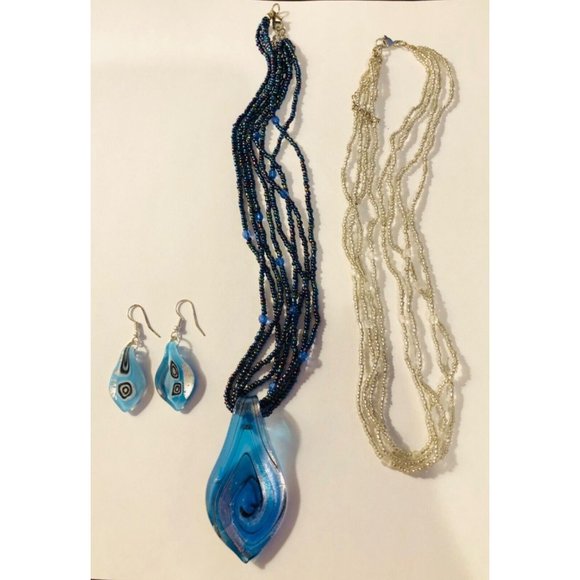 Vintage Set of Art Glass Jewelry Blue Pendant 2 Beaded Necklaces Earrings dangle - Picture 1 of 3